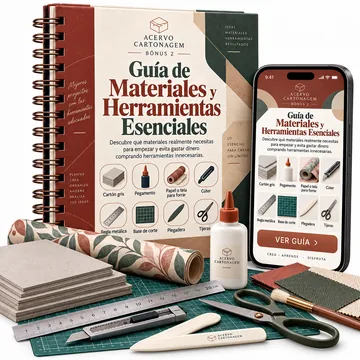 Portada del Bono 2 — Guía de Materiales y Herramientas Esenciales, con la guía impresa, materiales y herramientas de cartonaje
