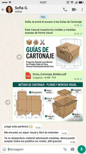 Conversación de WhatsApp con el material de moldes y medidas enviado