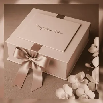 Caja nude con tapa suelta y lazo de satén, sobre fondo con flores