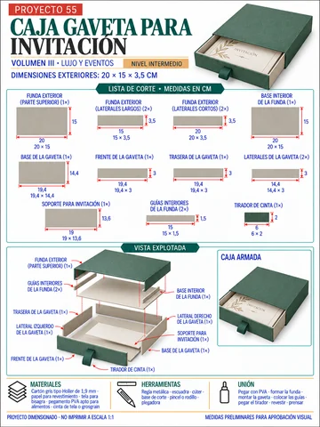 Lámina del proyecto 55 — caja gaveta para invitación, con lista de corte, medidas y vista explotada