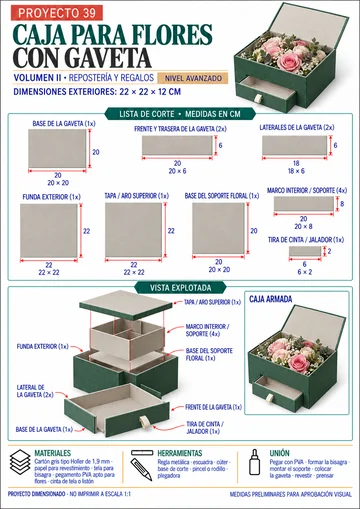 Lámina del proyecto 39 — caja para flores con gaveta, con lista de corte, medidas y vista explotada