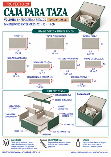 Lámina del proyecto 29 — caja para taza, con lista de corte, medidas y vista explotada