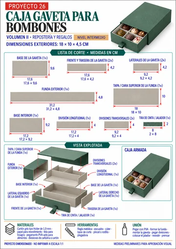 Lámina del proyecto 26 — caja gaveta para bombones, con lista de corte, medidas y vista explotada